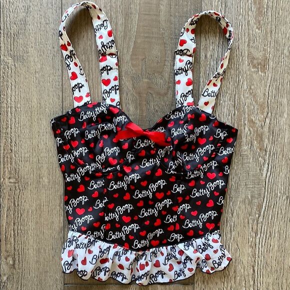 Dolls Kill Betty Boop Collab Graphic Heart Pattern Bustier Tank w Ruffle Trim - Picture 1 of 5